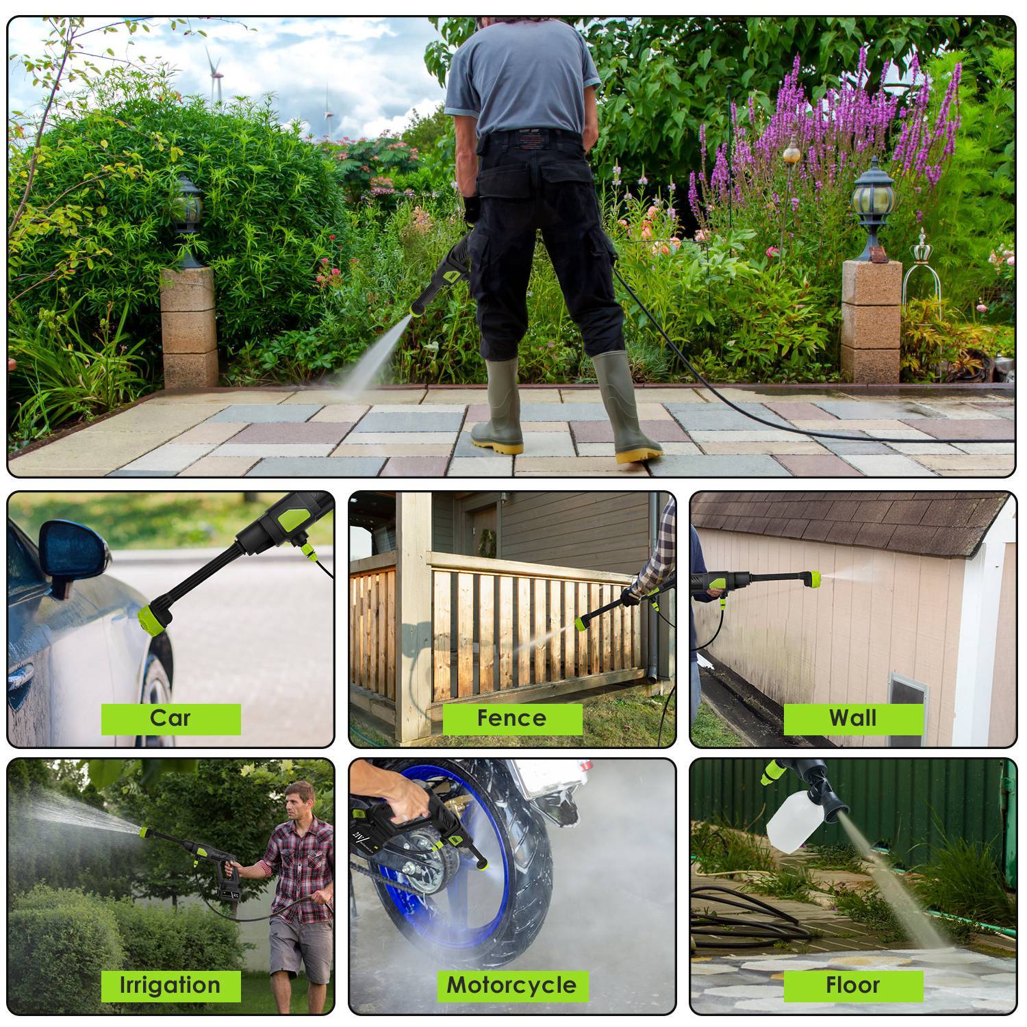 Portable Electric Power Washer
 435PSI-With 6 In 1 Nozzle
 Foam Bottle Filter 
15000mAh 21V Battery And Charger