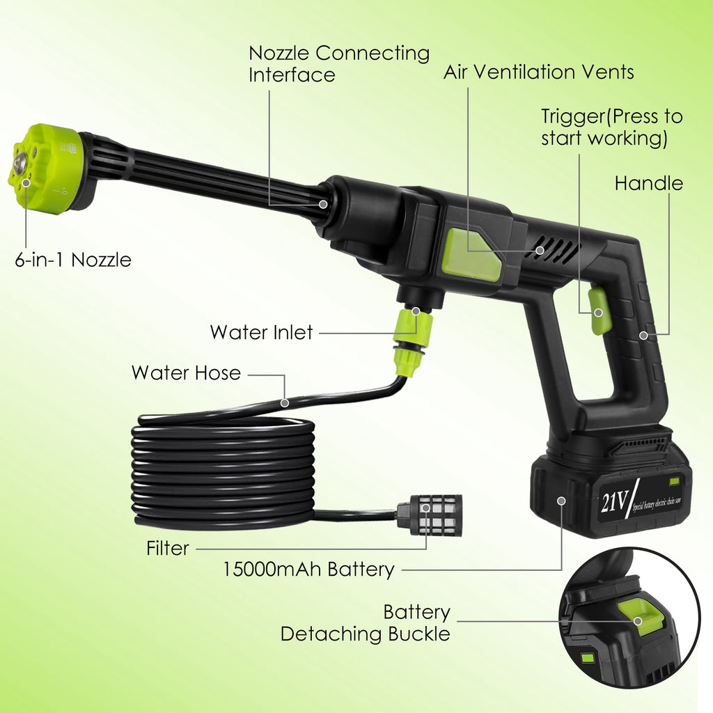 Portable Electric Power Washer
 435PSI-With 6 In 1 Nozzle
 Foam Bottle Filter 
15000mAh 21V Battery And Charger