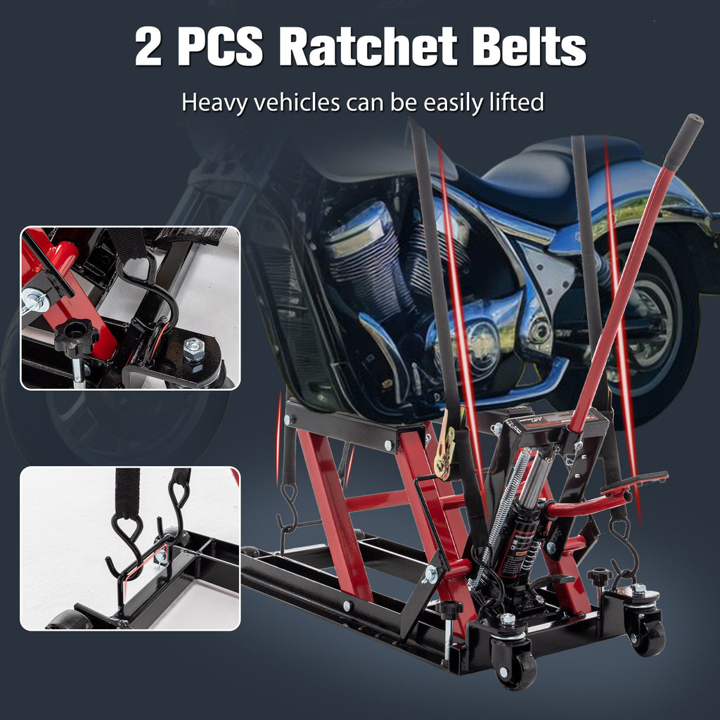 Hydraulic Motorcycle Jack 
1500 Lb Capacity 
Pedal Lift 
Straps included