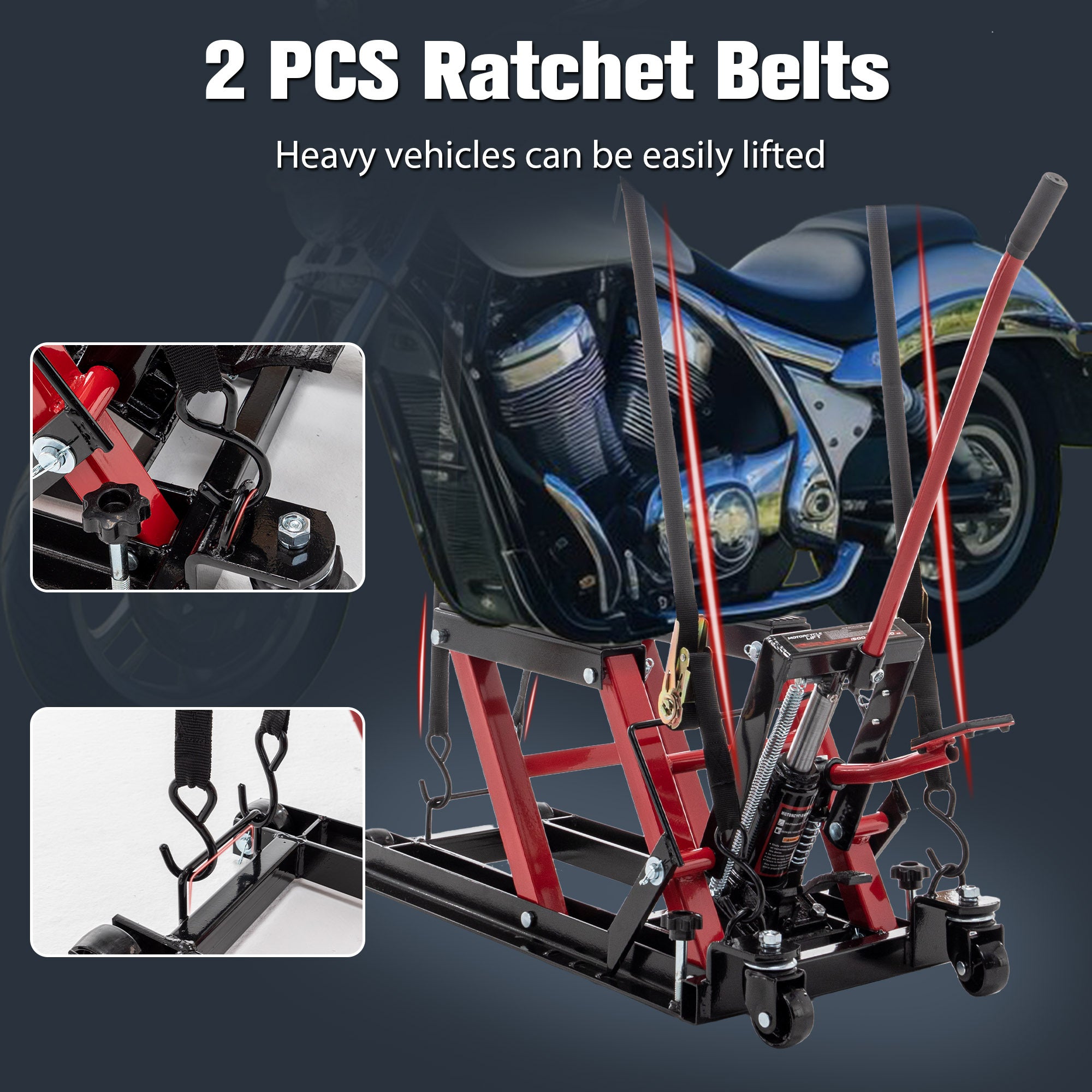 Hydraulic Motorcycle Jack 
1500 Lb Capacity 
Pedal Lift 
Straps included