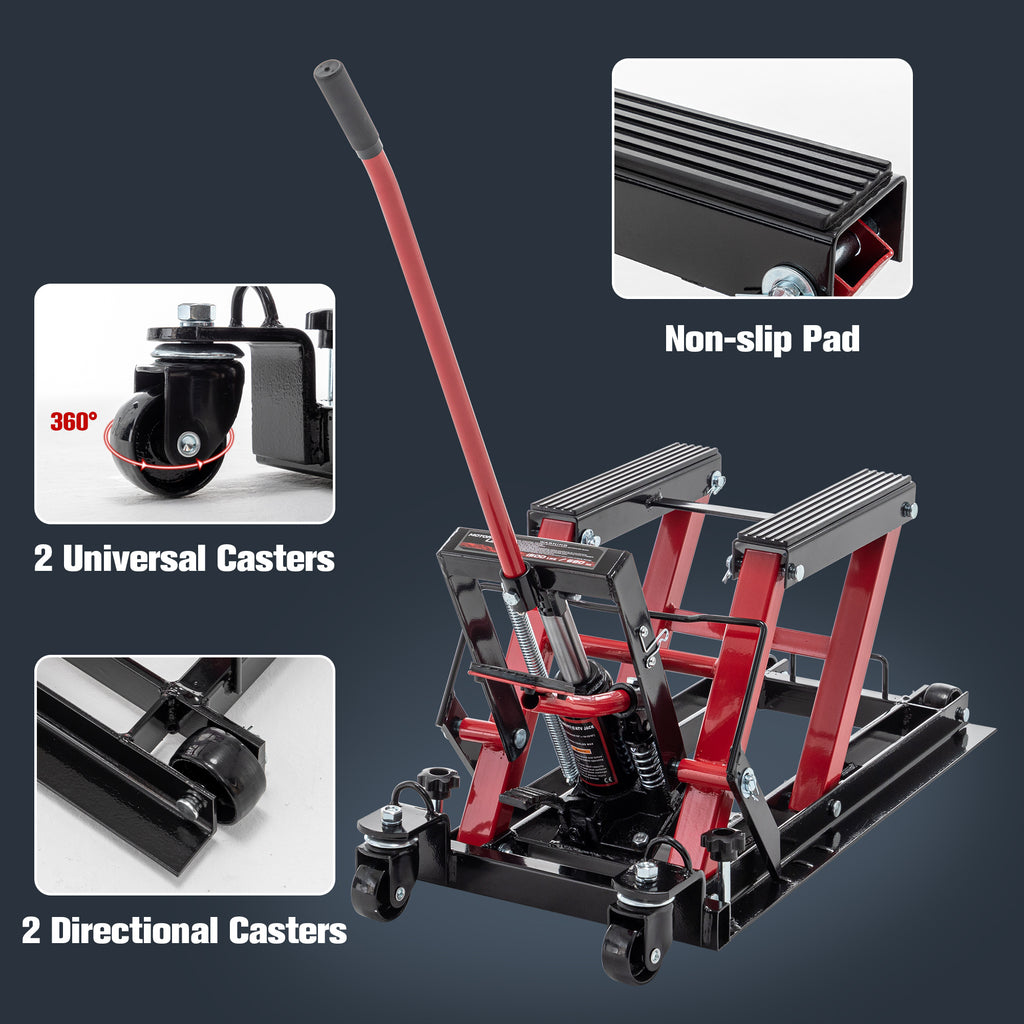 Hydraulic Motorcycle Jack 
1500 Lb Capacity 
Pedal Lift 
Straps included