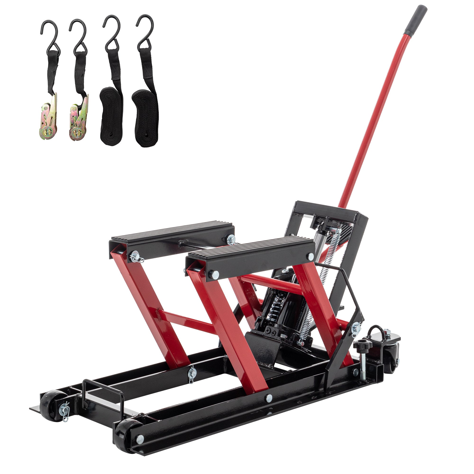 Hydraulic Motorcycle Jack 
1500 Lb Capacity 
Pedal Lift 
Straps included