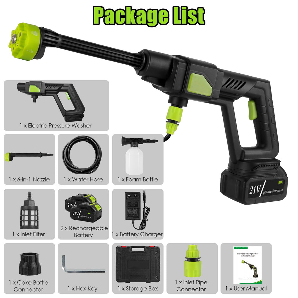 Portable Electric Power Washer
 435PSI-With 6 In 1 Nozzle
 Foam Bottle Filter 
15000mAh 21V Battery And Charger