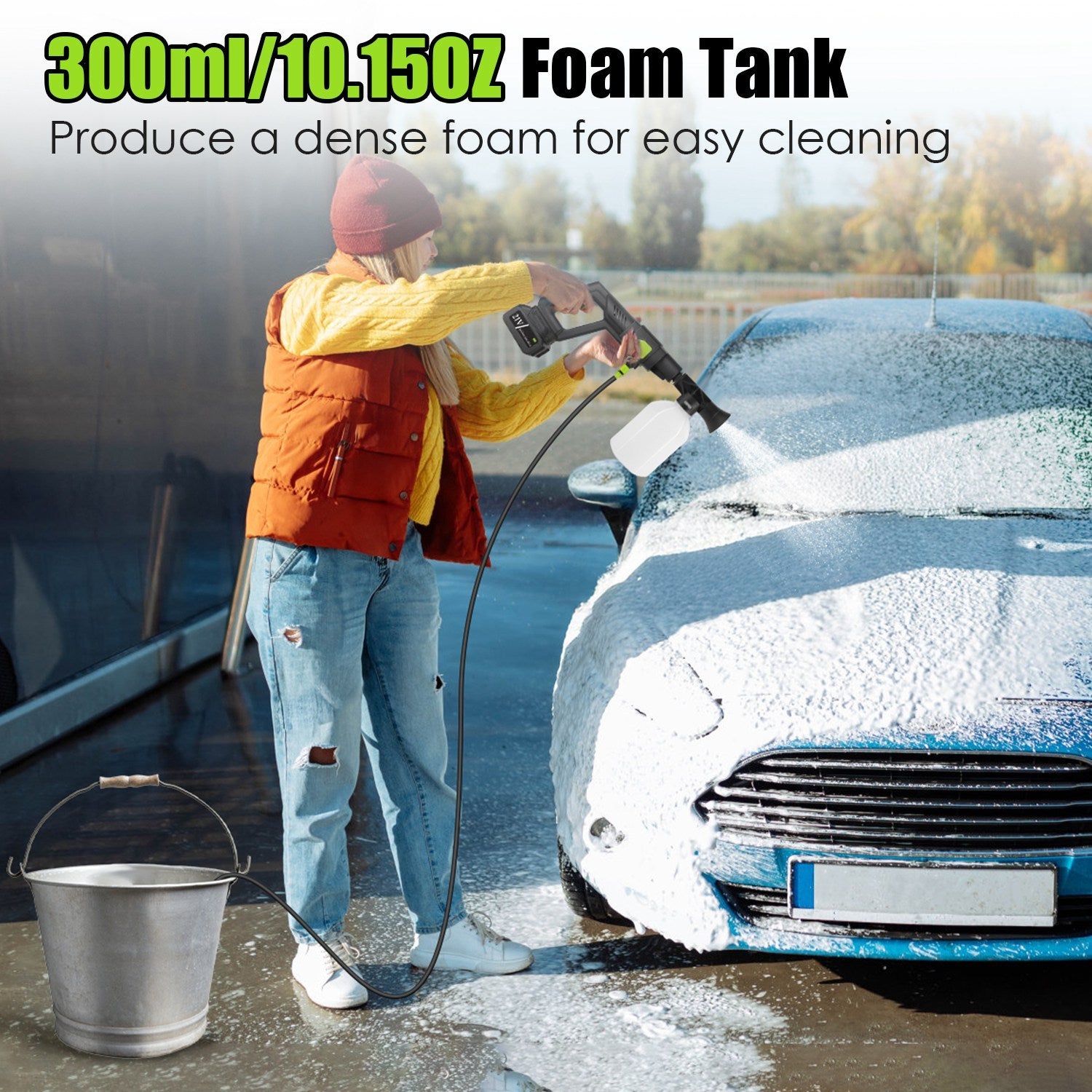 Portable Electric Power Washer
 435PSI-With 6 In 1 Nozzle
 Foam Bottle Filter 
15000mAh 21V Battery And Charger